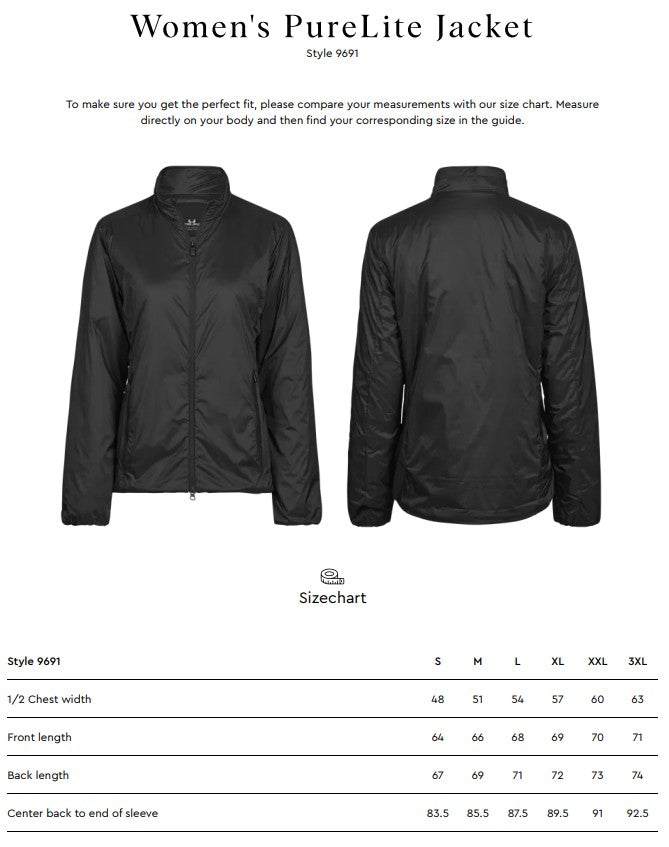 Size chart for the Tee Jays Ladies PureLite Jacket