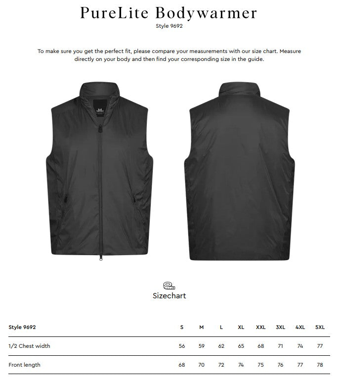 Size chart for the Tee Jays Men’s PureLite Bodywarmer