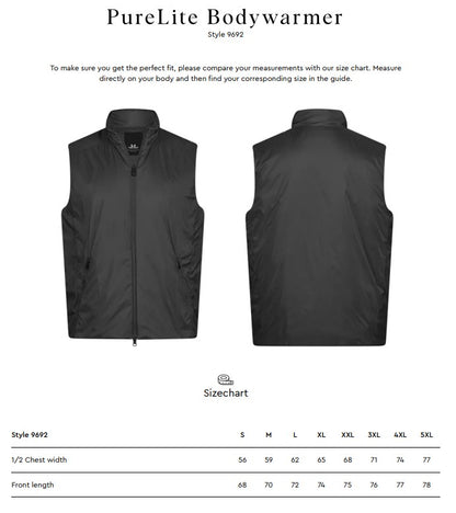 Size chart for the Tee Jays Men’s PureLite Bodywarmer