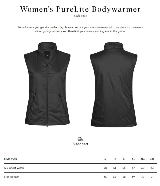 Size chart for the Tee Jays Ladies PureLite Bodywarmer