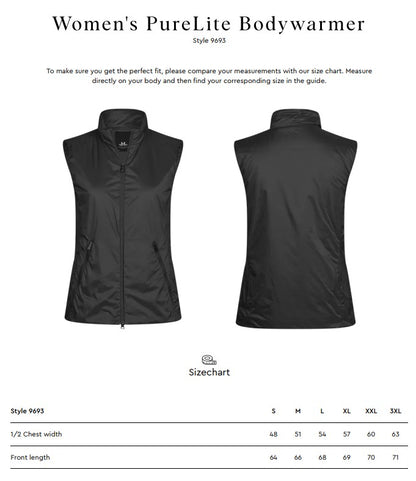 Size chart for the Tee Jays Ladies PureLite Bodywarmer