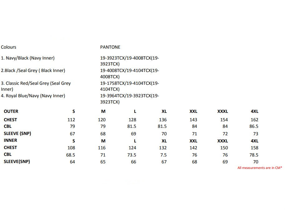 Size chart for the Regatta Defender III Men's 3-in-1 Waterproof Jacket