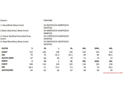 Size chart for the Regatta Defender III Men's 3-in-1 Waterproof Jacket