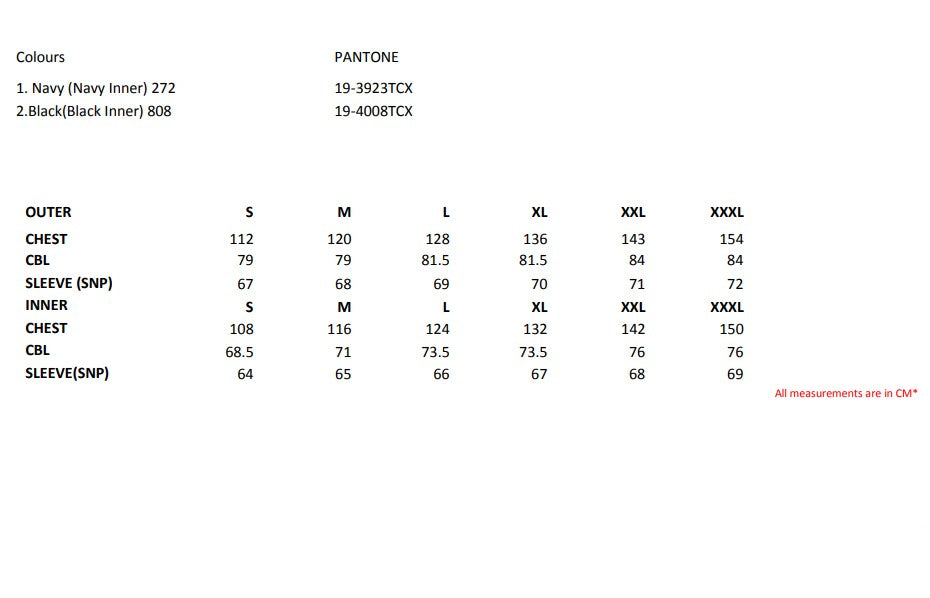 Size chart for the Regatta Benson III Men's 3-In-1 Waterproof Jacket