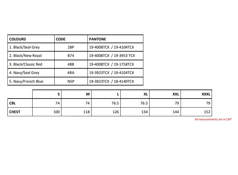 Size chart for the Regatta Navigate Men's Thermal Jacket