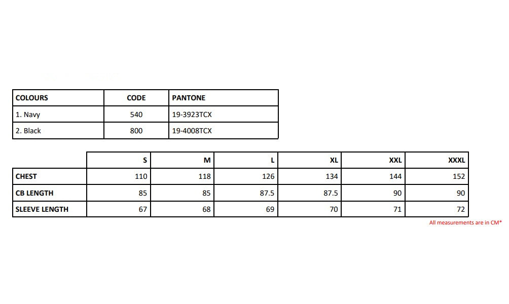 Size chart for the Regatta Hampton Men's Jacket