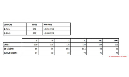 Size chart for the Regatta Hampton Men's Jacket