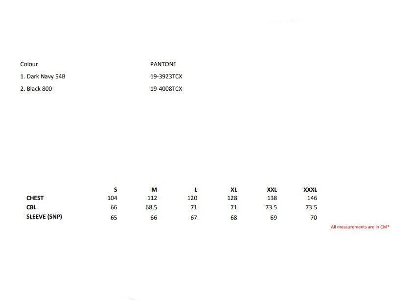 Size chart for the Regatta Thor Overhead Men's Fleece