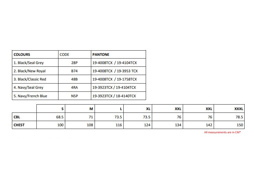 Size chart for the Regatta Navigate Men's Hybrid Stretch Jacket