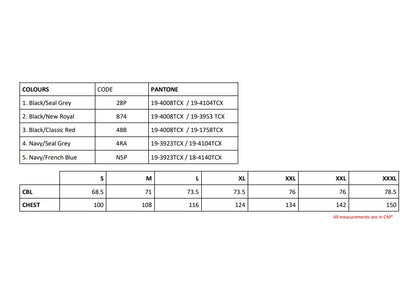Size chart for the Regatta Navigate Men's Hybrid Stretch Jacket