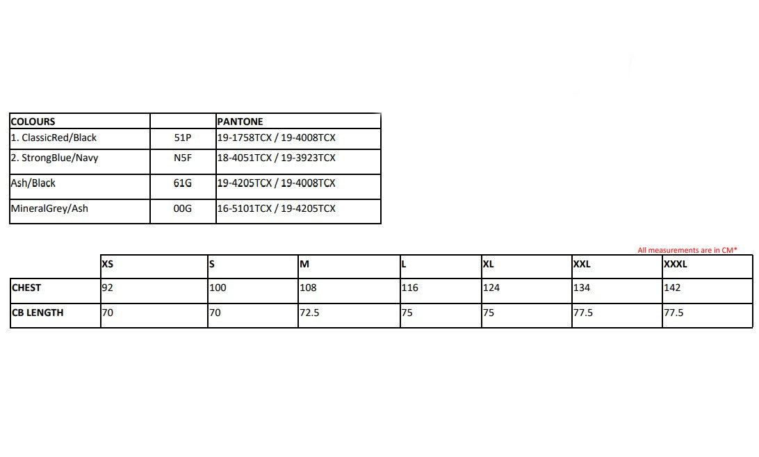 Size chart for the Regatta E-Volve Men's Thermal Hybrid Jacket