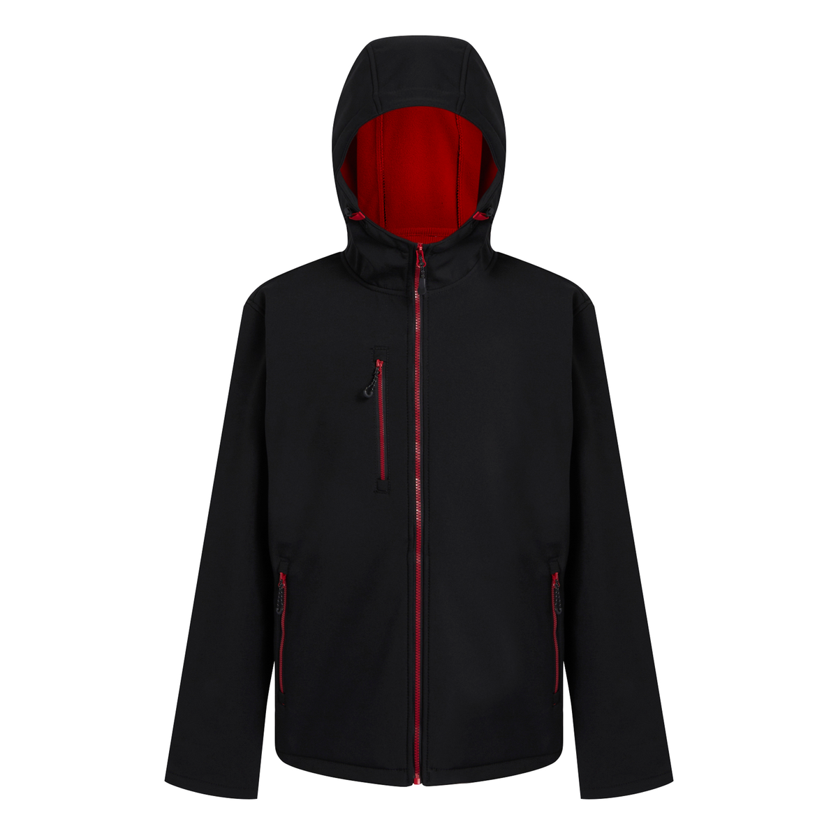 Regatta Navigate Men's 2-Layer Hood Softshell Jacket in Black and Classic Red, front view