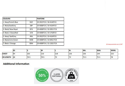 Size chart for the Regatta Navigate Men's Softshell Gilet