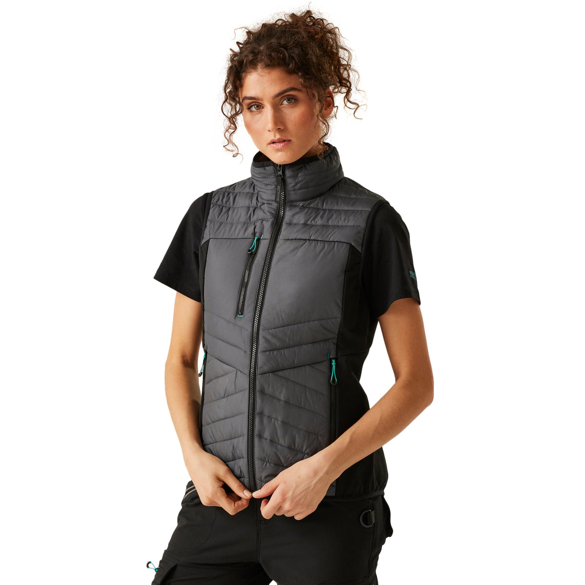Model wearing the Regatta Ada Ladies Hybrid Bodywarmer in Seal Grey and Black, front view