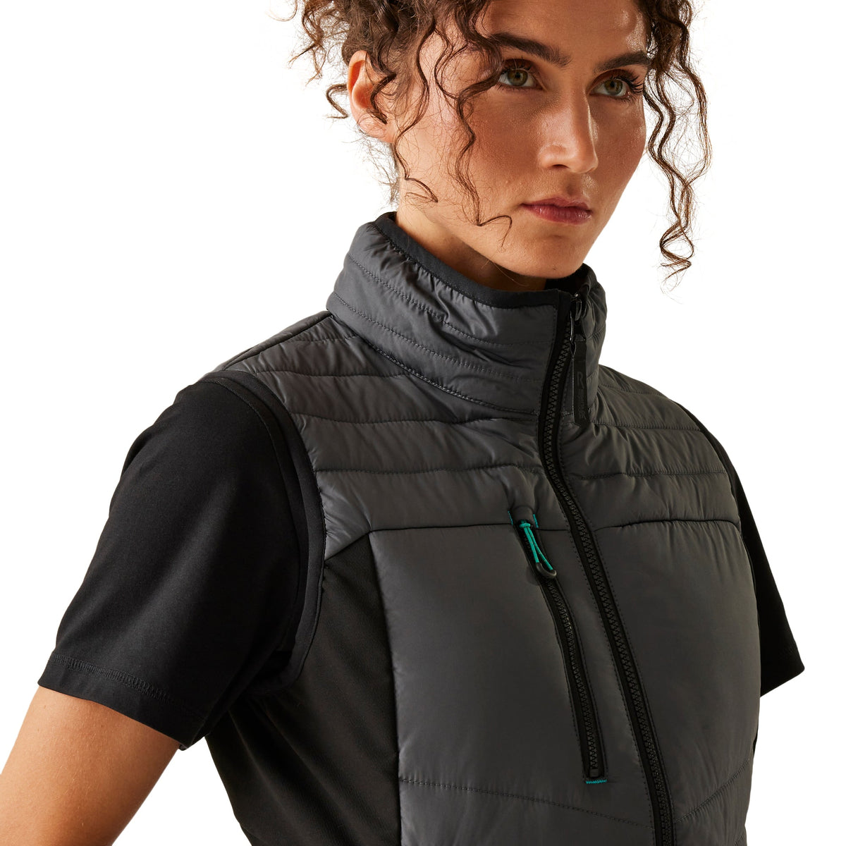 Model wearing the Regatta Ada Ladies Hybrid Bodywarmer in Seal Grey and Black, close-up