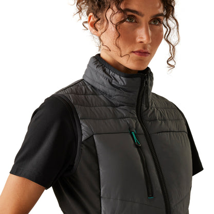 Model wearing the Regatta Ada Ladies Hybrid Bodywarmer in Seal Grey and Black, close-up