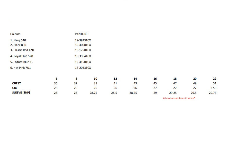 Size chart for the Regatta Thor III Ladies Full Zip Fleece