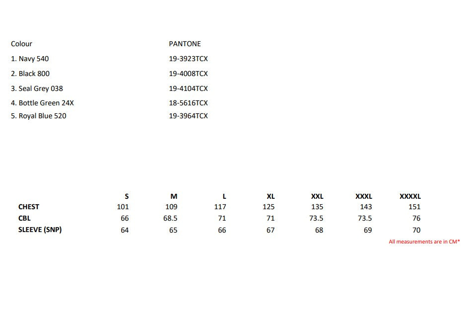 Size chart for the Regatta Classic Full Zip Men's Fleece