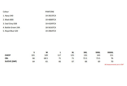Size chart for the Regatta Classic Full Zip Men's Fleece