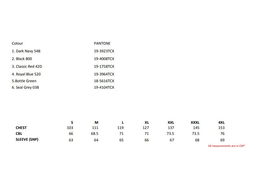Size chart for the Regatta Thor 300 Men's Zip-Up Fleece