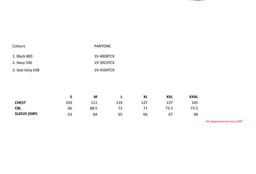 Size chart for the Regatta Thor 350 Men's Full Zip Fleece