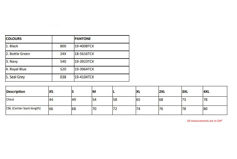 Size chart for the Regatta Pro Men’s Ultra Light Fleece Jacket