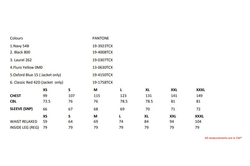 Size chart for the Regatta Pro Packaway Men's Waterproof Jacket