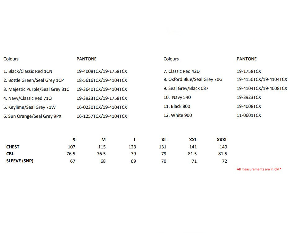 Size chart for the Regatta Ardmore Men's Waterproof Shell Jacket