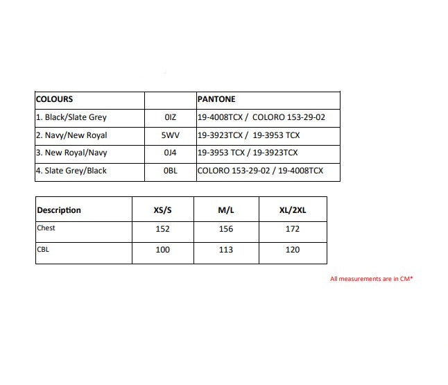 Size chart for the Regatta Pro Changing Dryrobe Jacket