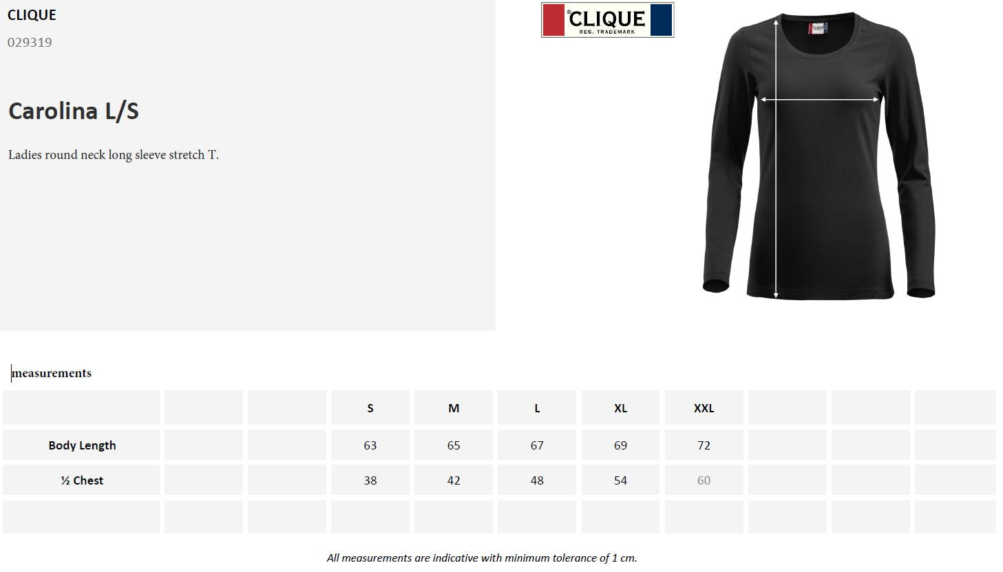 Clique Carolina Long Sleeve Ladies T-Shirt | Crew Neck | Stretch Top | 3 Colours | S-2XL - Tee Shirt - Logo Free Clothing