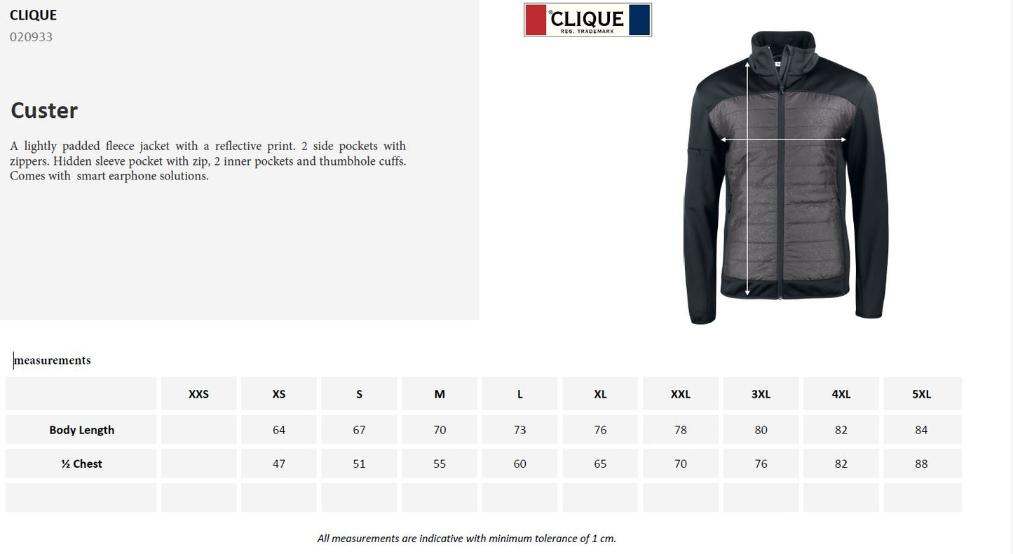 Clique Custer Mens Fleece Jacket | Lightly Padded | Quilted | Black Reflective | XS-3XL - Summer Jacket - Logo Free Clothing