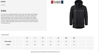 Clique Eskie Padded Expedition Parka | Winter Coat | Unisex | Waterproof | Black | XS-3XL - Winter Jacket - Logo Free Clothing