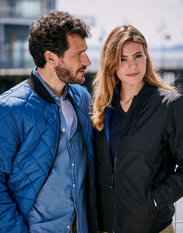 Cutter & Buck Fairchild Ladies Padded Bomber Jacket | Reversible Black to Quilted Blue | XS-2XL