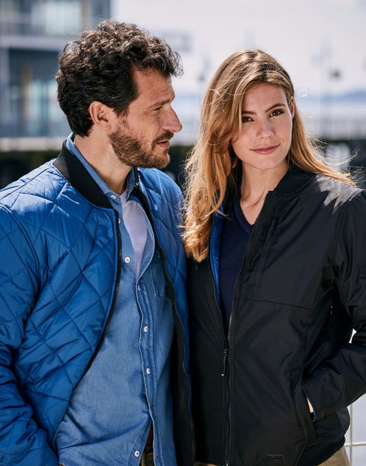 Cutter & Buck Fairchild Ladies Padded Bomber Jacket | Reversible Black to Quilted Blue | XS-2XL