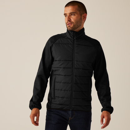 Model wearing the Regatta Essential Men's Hybrid Jacket in Black, front view