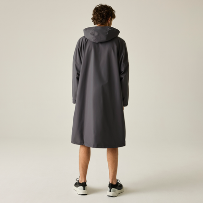 Model wearing the Regatta Pro Changing Dryrobe Jacket in Slate Grey and Black, back view
