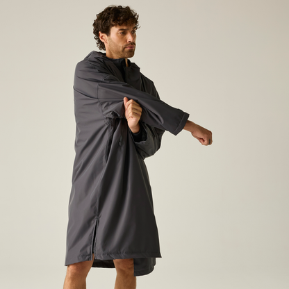 Model wearing the Regatta Pro Changing Dryrobe Jacket in Slate Grey and Black, front view, changing inside it