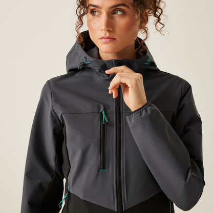 Model wearing the Regatta Ada Ladies Stretch Softshell Jacket in Seal Grey and Black, close-up, zipping it up