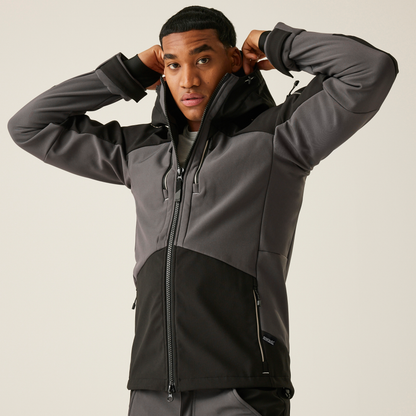 Model wearing the Regatta 4TEX Men's Stretch 3-Layer Softshell Jacket in Slate Grey and Black, front view