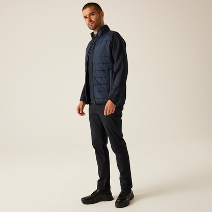 Model wearing the Regatta Essential Men's Hybrid Jacket in Navy, side view, full length