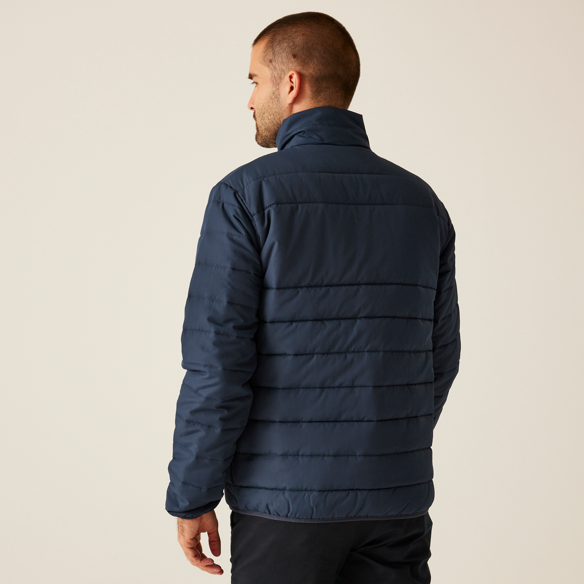 Model wearing the Regatta Essential Men's Thermal Jacket in Navy, back view