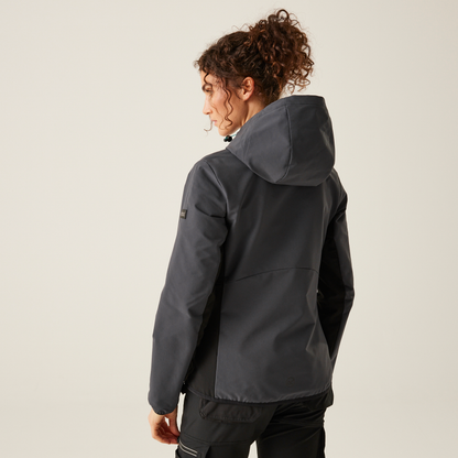 Model wearing the Regatta Ada Ladies Stretch Softshell Jacket in Seal Grey and Black, back view