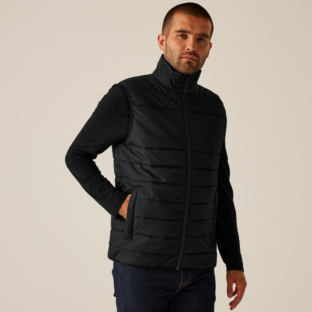 Model wearing the Regatta Essential Men's Thermal Bodywarmer in Black, front view