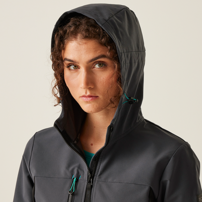 Model wearing the Regatta Ada Ladies Stretch Softshell Jacket in Seal Grey and Black, close-up, hood up