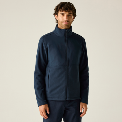 Model wearing the Regatta Recycle.Me Unisex Fleece Jacket in Navy, front view
