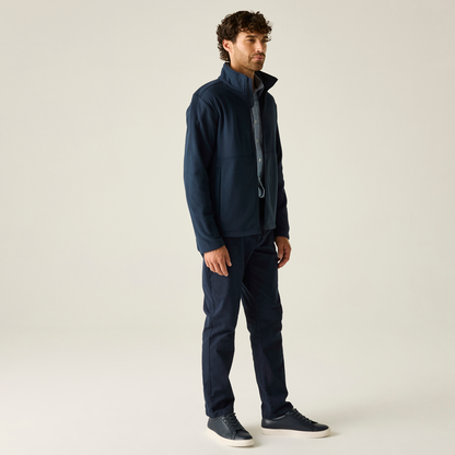 Model wearing the Regatta Recycle.Me Unisex Fleece Jacket in Navy, side view, full length