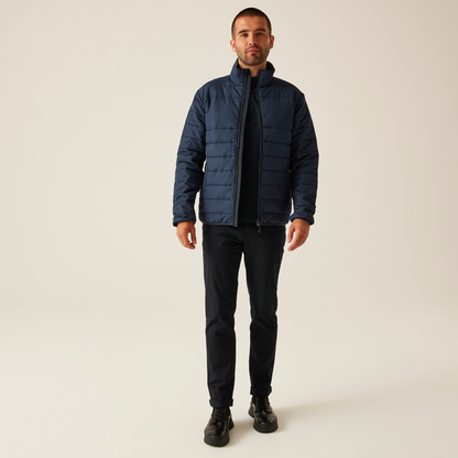 Model wearing the Regatta Essential Men's Thermal Jacket in Navy, front view, full length