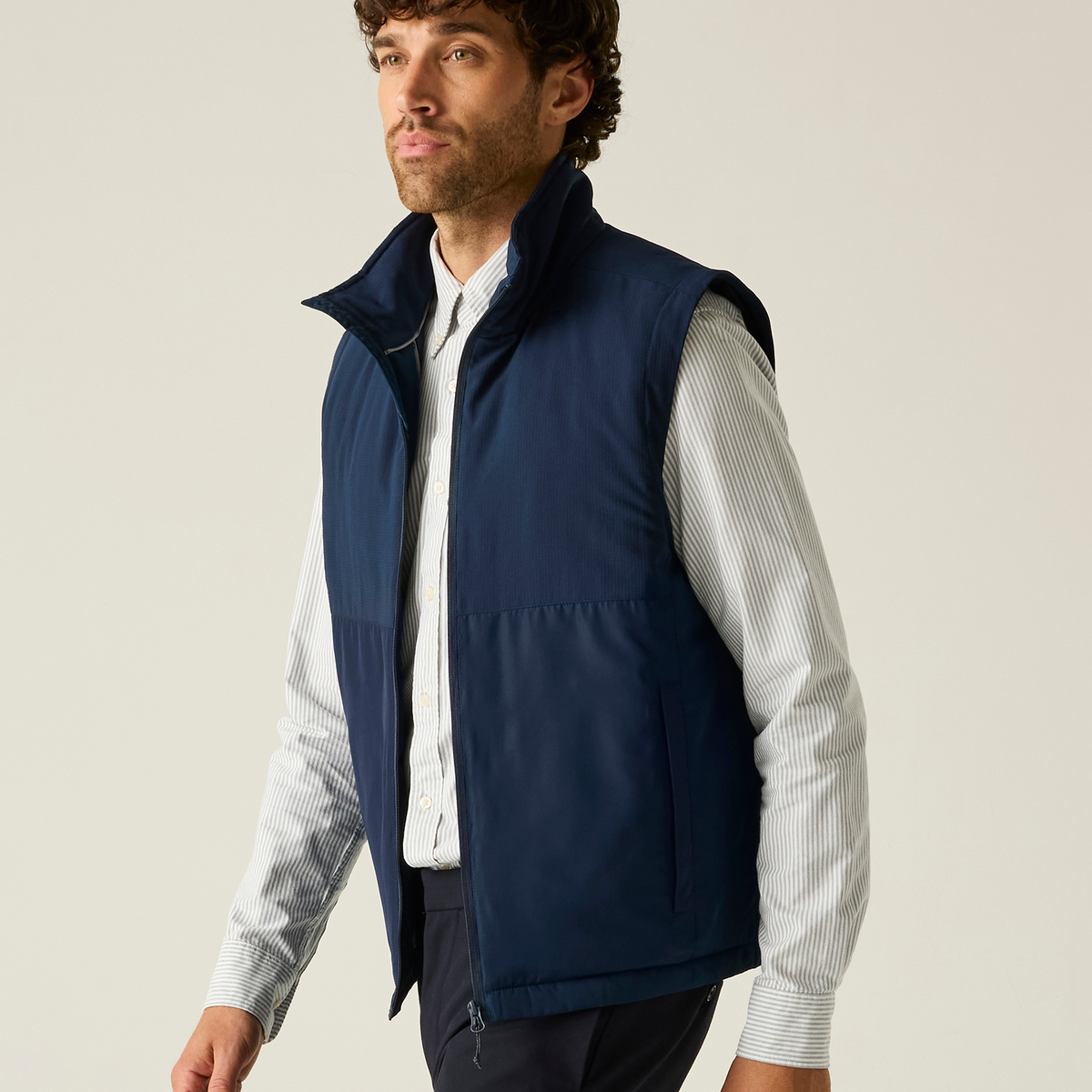 Model wearing the Regatta Recycle.Me Thermal Bodywarmer in Navy, close-up