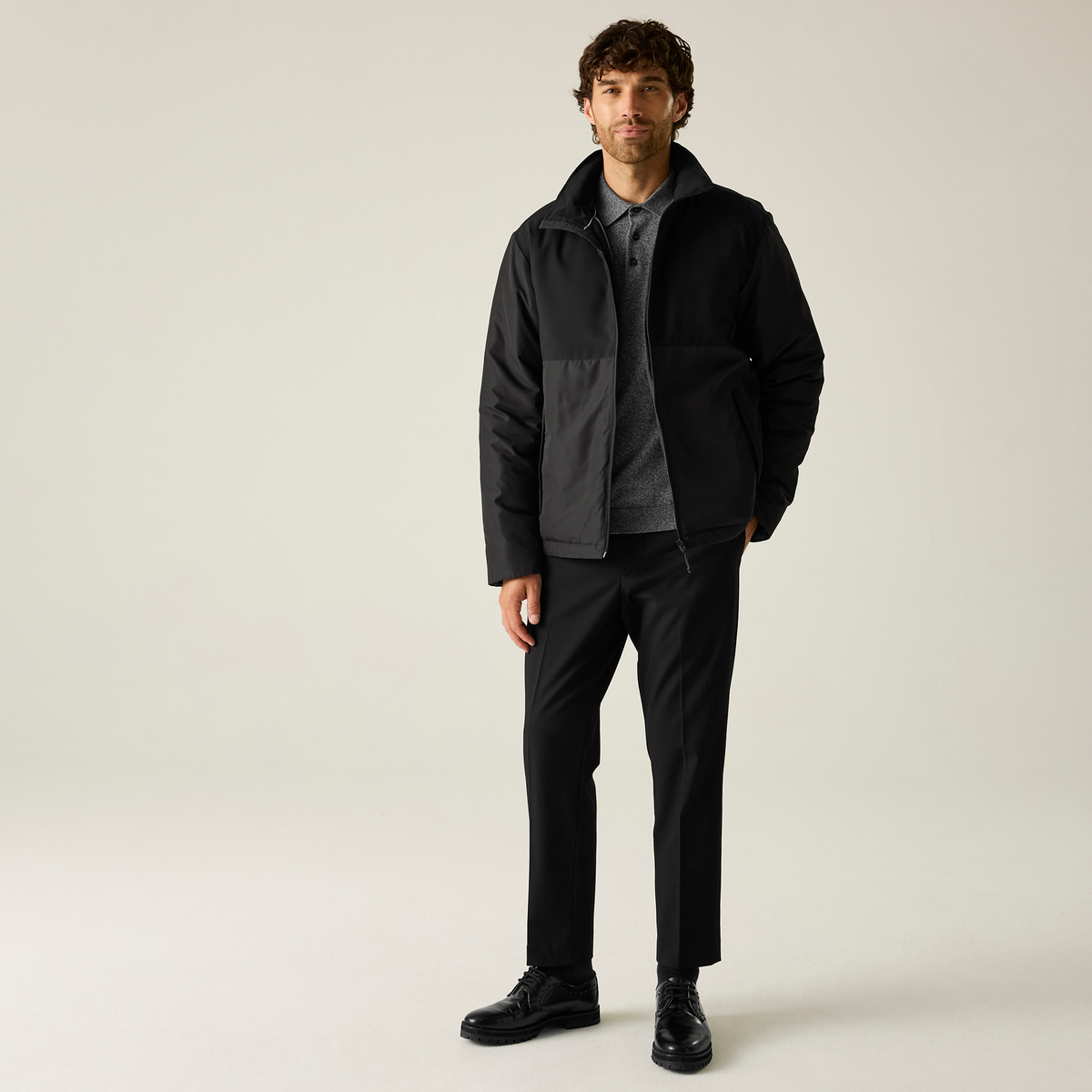 Model wearing the Regatta Recycle.Me Thermal Jacket in Black, front view, full length