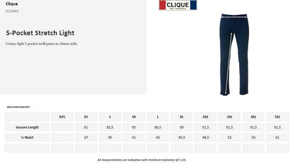 Clique 5-Pocket Stretch Light Trousers | Unisex | Lightweight Twill Cotton | Navy | XS-5XL - Trousers - Logo Free Clothing